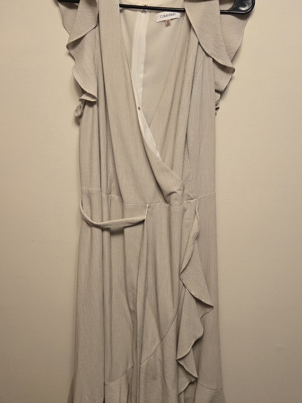 Calvin Klein Light Cream Wrap-Style Midi Dress with Ruffle Details